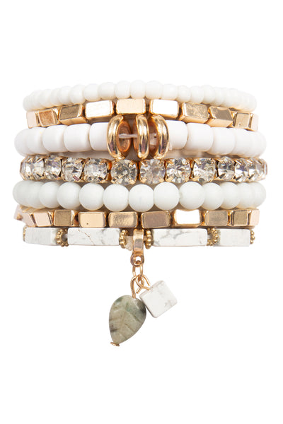 MIX STONE BEADS CCB RHINESTONE LEAF PENDANT, CHARM LEYERED VERSATILE BRACELET SET