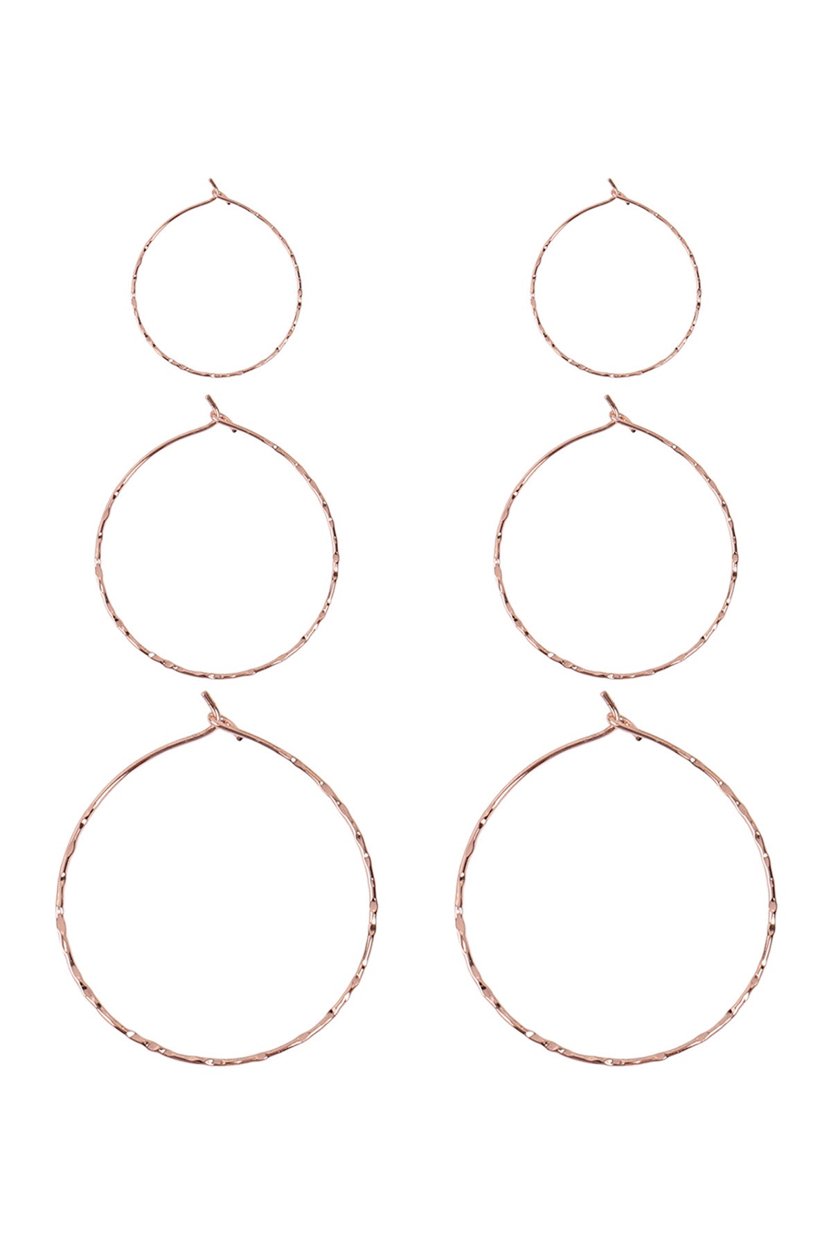 ROSE GOLD 3 PAIRS ON A CARD HAMMERED HOOP EARRINGS SET/6SETS