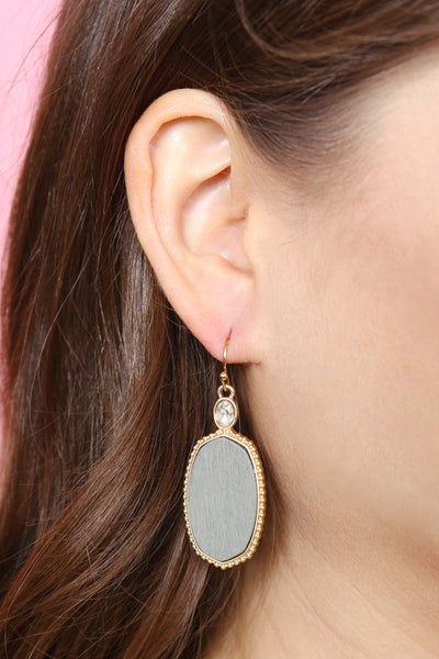 TEXTURED METAL WOOD OVAL DROP HOOK EARRING