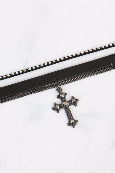 BLACK CROSS LEATHER CHAIN CHOCKER NECKLACE/6PCS