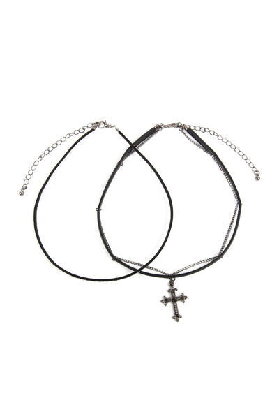 BLACK CROSS LEATHER CHAIN CHOCKER NECKLACE/6PCS