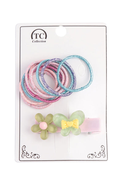 GLITTER O RING WITH FLOWER HAIR CLIP ASSORTED SET