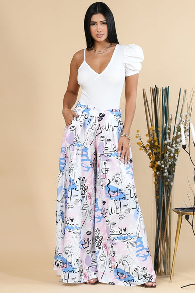 PRINCESS FACE PRINT, LOW WAIST ZIPPER, POCKETS WOMEN PALAZZO PANTS