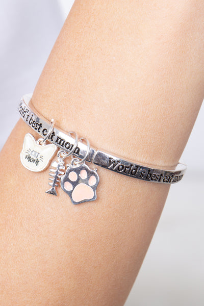 WORLDS BEST CAT MOM W/ GLASS BUBBLE CHARM BANGLE BRACELET