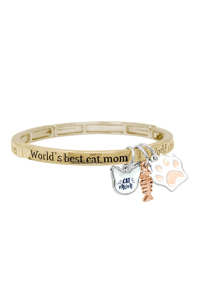 WORLDS BEST CAT MOM W/ GLASS BUBBLE CHARM BANGLE BRACELET