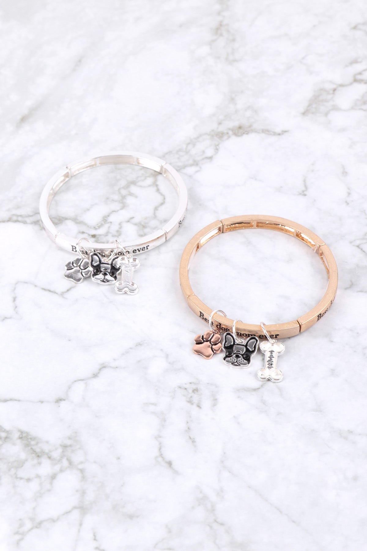 BEST MOM EVER, DOG LOVER W/ GLASS BUBBLE CHARM BANGLE BRACELET