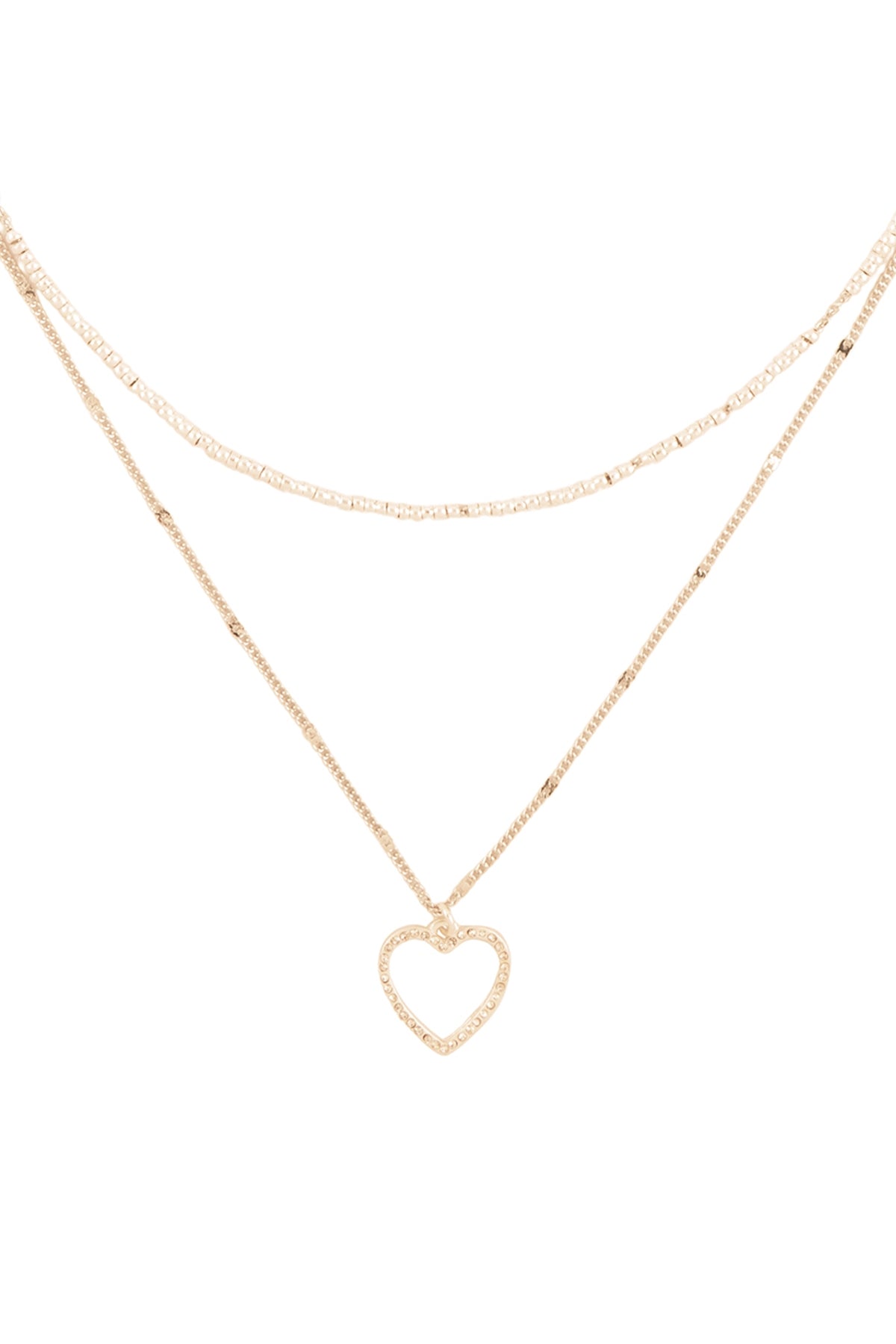 LAYERED BEAD CHAIN W/ HEART CUBIC PENDANT NECKLACE