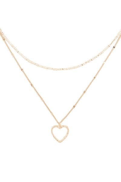 LAYERED BEAD CHAIN W/ HEART CUBIC PENDANT NECKLACE