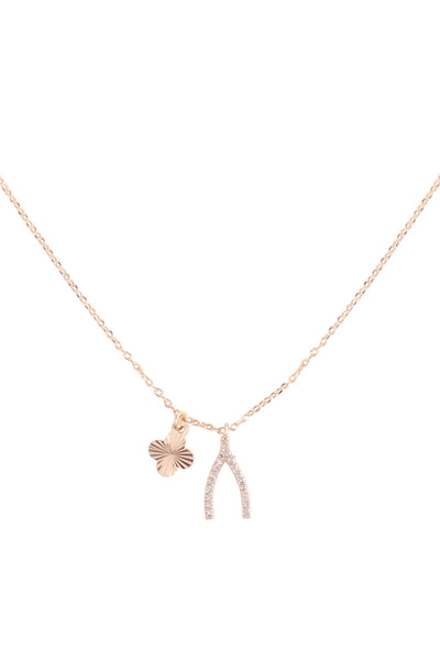 CUBIC ZIRCONIA WISHBONE AND CLOVER PENDANT BRASS NECKLACE
