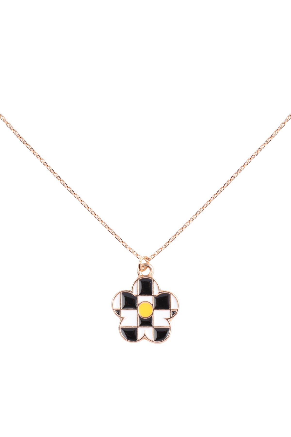 CHECKERED PATTERN FLOWER PENDANT NECKLACE