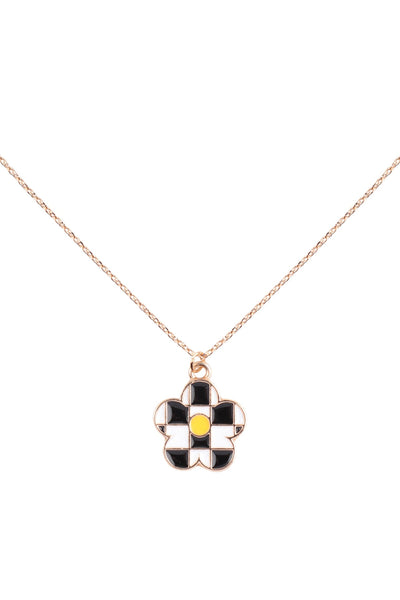 CHECKERED PATTERN FLOWER PENDANT NECKLACE