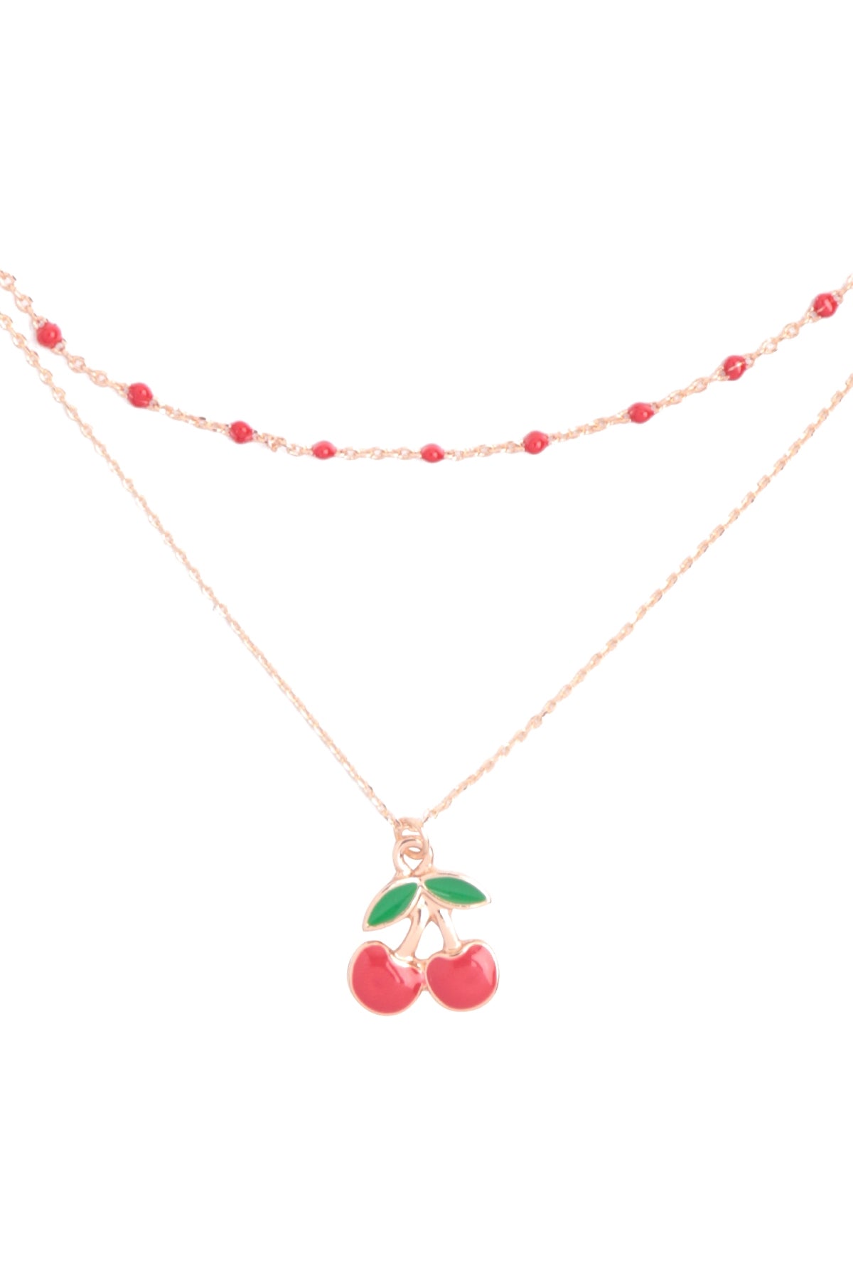 CHERRY COLOR PENDANT LAYERED BRASS NECKLACE