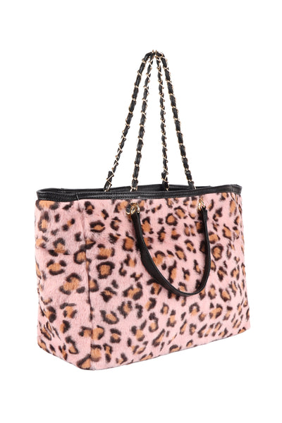 LEOPARD FAUX FUR W/ ADJUSTABLE HANDLE TOTE BAG