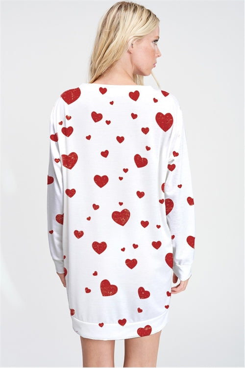 RED HEART ALL OVER LONG SLEEVE TUNIC DRESS- IVORY 2-2-2