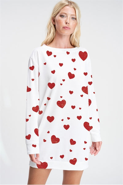 RED HEART ALL OVER LONG SLEEVE TUNIC DRESS- IVORY 2-2-2