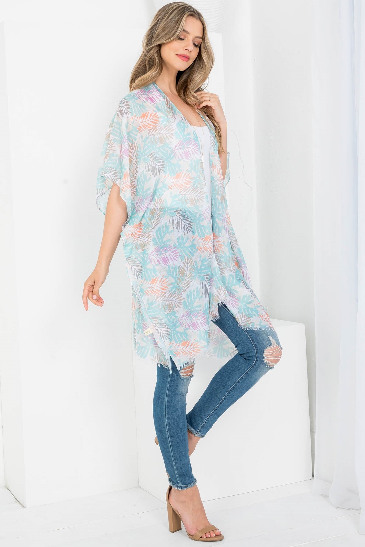 LEAF PRINT OPEN FRONT KIMONO