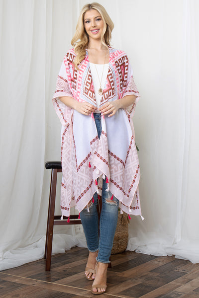 TRIBAL PRINT TASSEL OPEN FRONT KIMONO