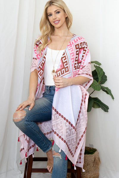 TRIBAL PRINT TASSEL OPEN FRONT KIMONO