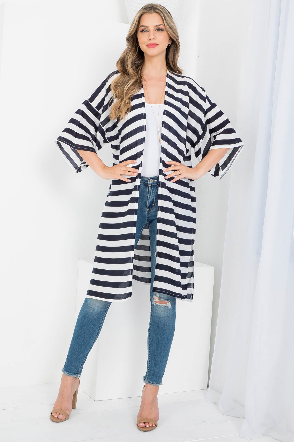 STRIPE PRINT KNEE LENGTH KIMONO