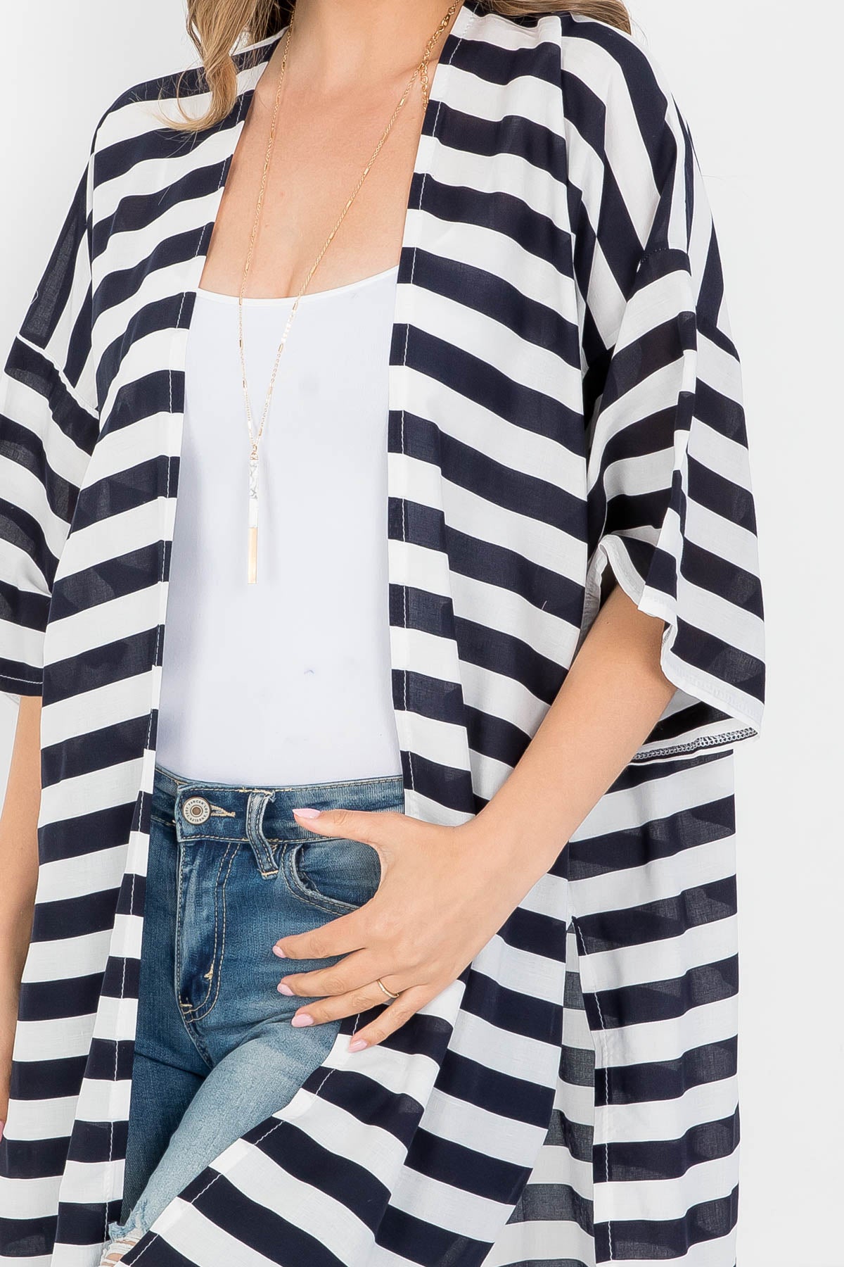 STRIPE PRINT KNEE LENGTH KIMONO