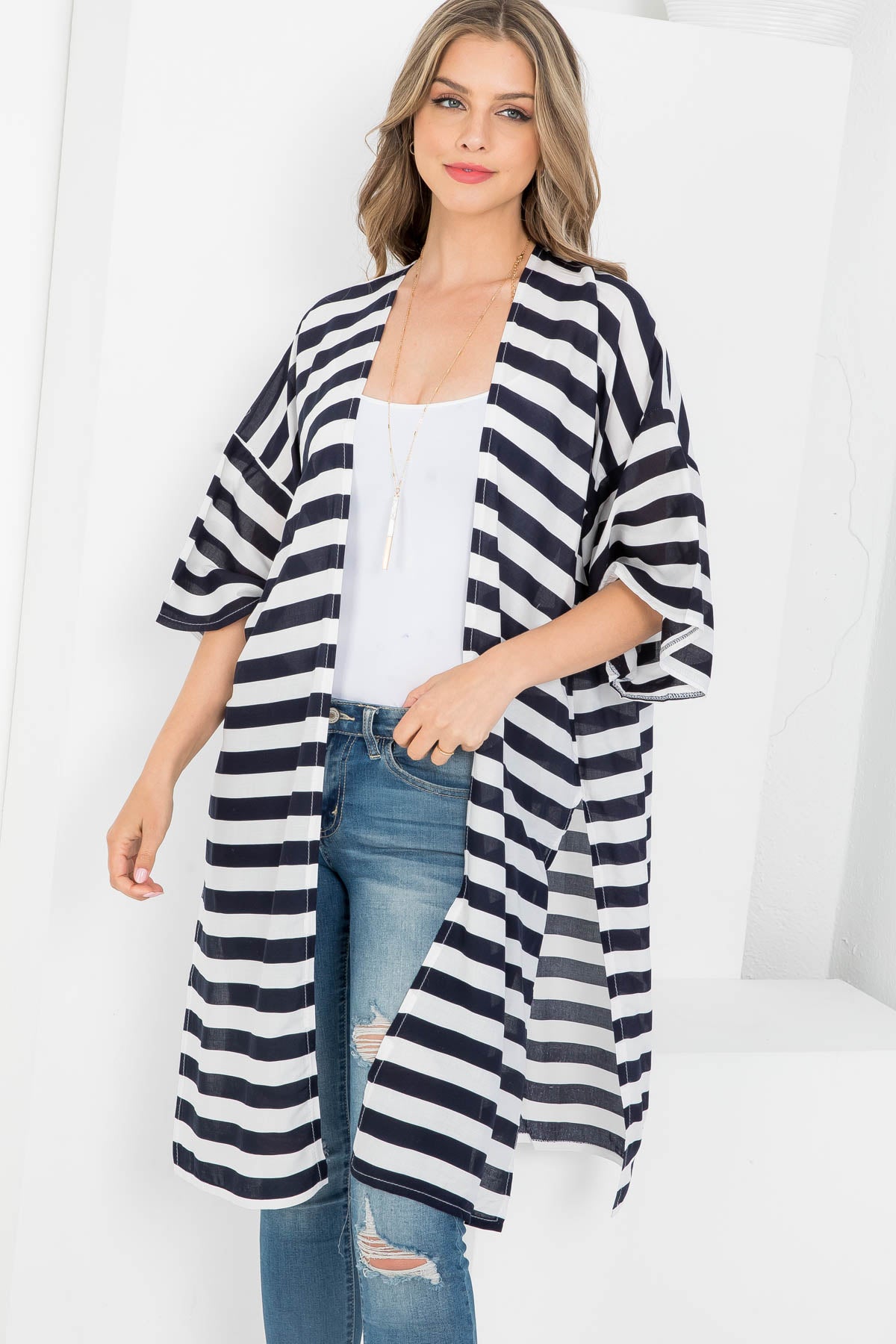 STRIPE PRINT KNEE LENGTH KIMONO