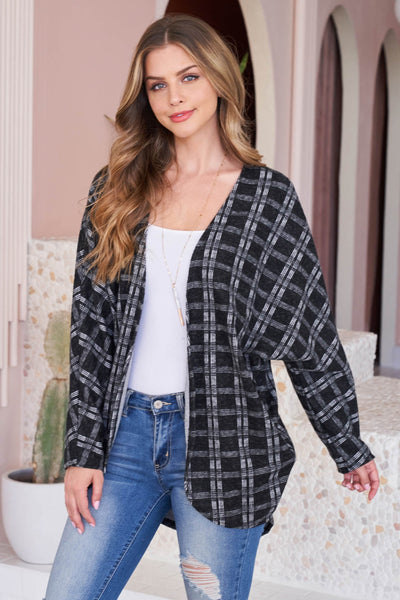 PLAID ROUND HEM POCKET OPEN CARDIGAN