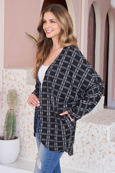 PLAID ROUND HEM POCKET OPEN CARDIGAN