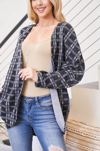 PLAID ROUND HEM POCKET OPEN CARDIGAN