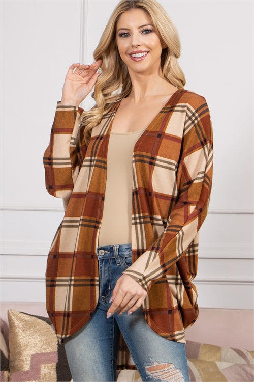 PLAID OPEN FRONT CARDIGAN- RUST CREAM 1-2-2-2