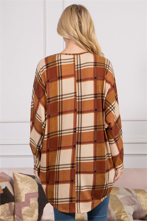 PLAID OPEN FRONT CARDIGAN- RUST CREAM 1-2-2-2