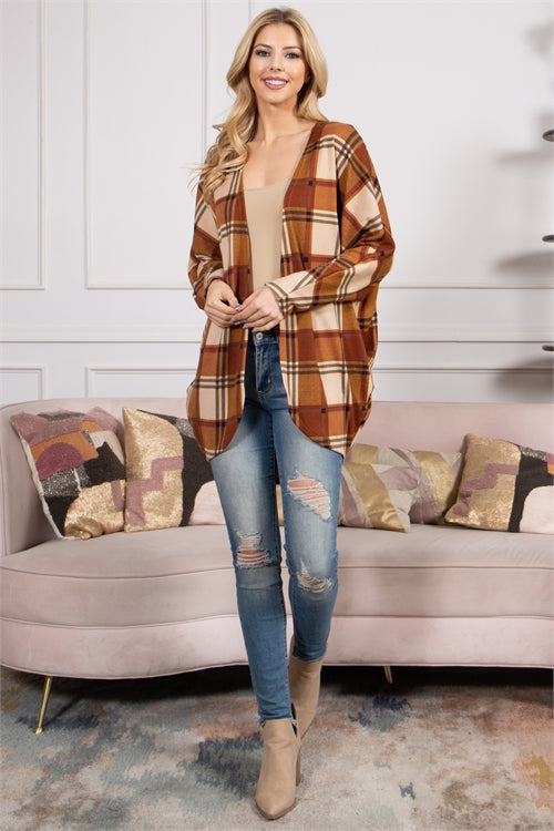 PLAID OPEN FRONT CARDIGAN- RUST CREAM 1-2-2-2