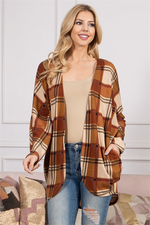 PLAID OPEN FRONT CARDIGAN- RUST CREAM 1-2-2-2