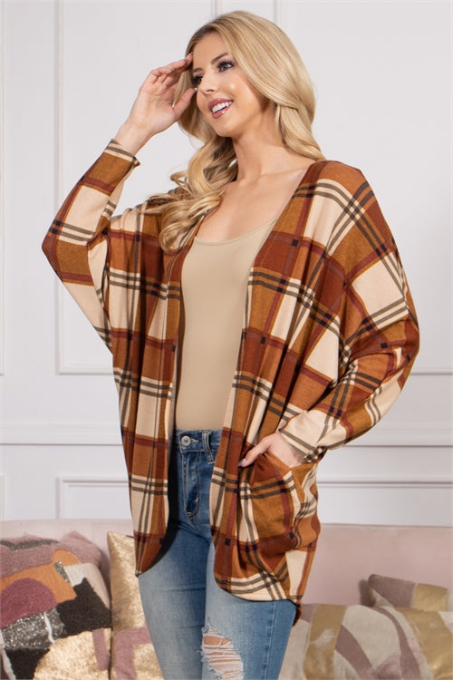 PLAID OPEN FRONT CARDIGAN- RUST CREAM 1-2-2-2