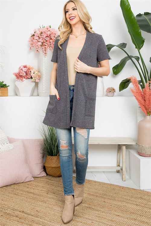 SHORT SLEEVE OPEN FRONT CARDIGAN- GREY 1-2-2-2