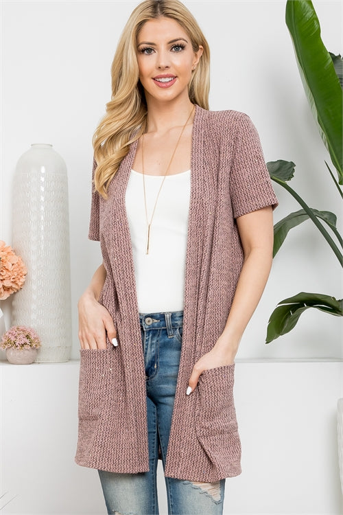 SHORT SLEEVE OPEN FRONT CARDIGAN- MAUVE 1-2-2-2