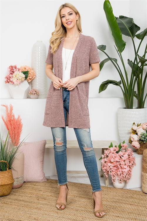 SHORT SLEEVE OPEN FRONT CARDIGAN- MAUVE 1-2-2-2