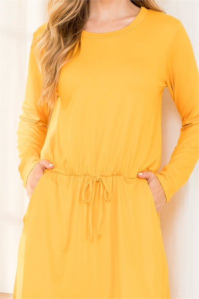 PLUS SIZE ELASTIC WAIST RIBBON DETAIL LONG SLEEVE SOLID DRESS