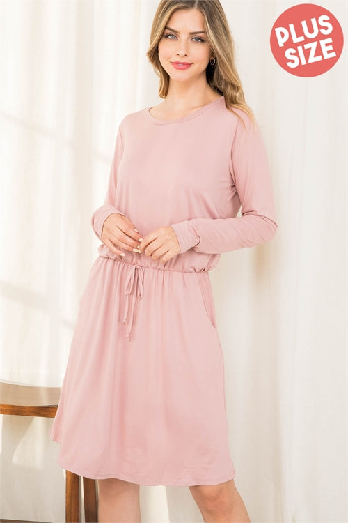 PLUS SIZE ELASTIC WAIST RIBBON DETAIL LONG SLEEVE SOLID DRESS