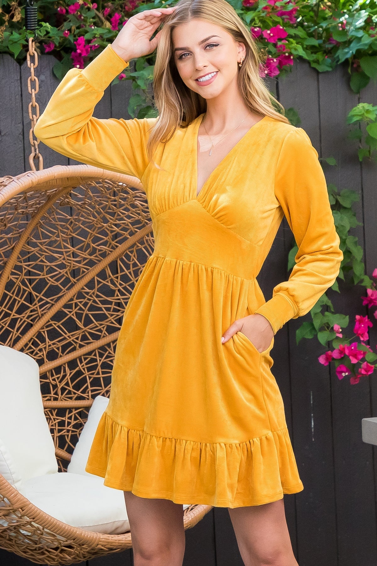 V-NECK RUFFLE HEM LONG SLEEVE VELVET CORDUROY DRESS