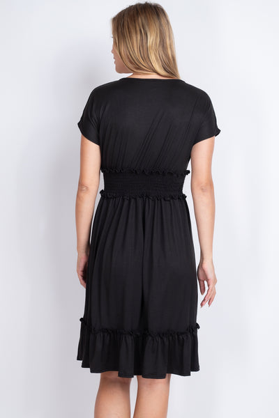 PPD1190-RIBBON DETAIL NECKLINE SMOCKED WAIST SOLID DRESS 1-2-2-2