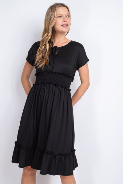 PPD1190-RIBBON DETAIL NECKLINE SMOCKED WAIST SOLID DRESS 1-2-2-2