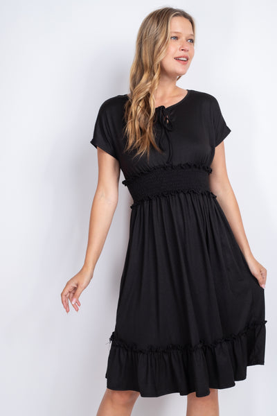 PPD1190-RIBBON DETAIL NECKLINE SMOCKED WAIST SOLID DRESS 1-2-2-2