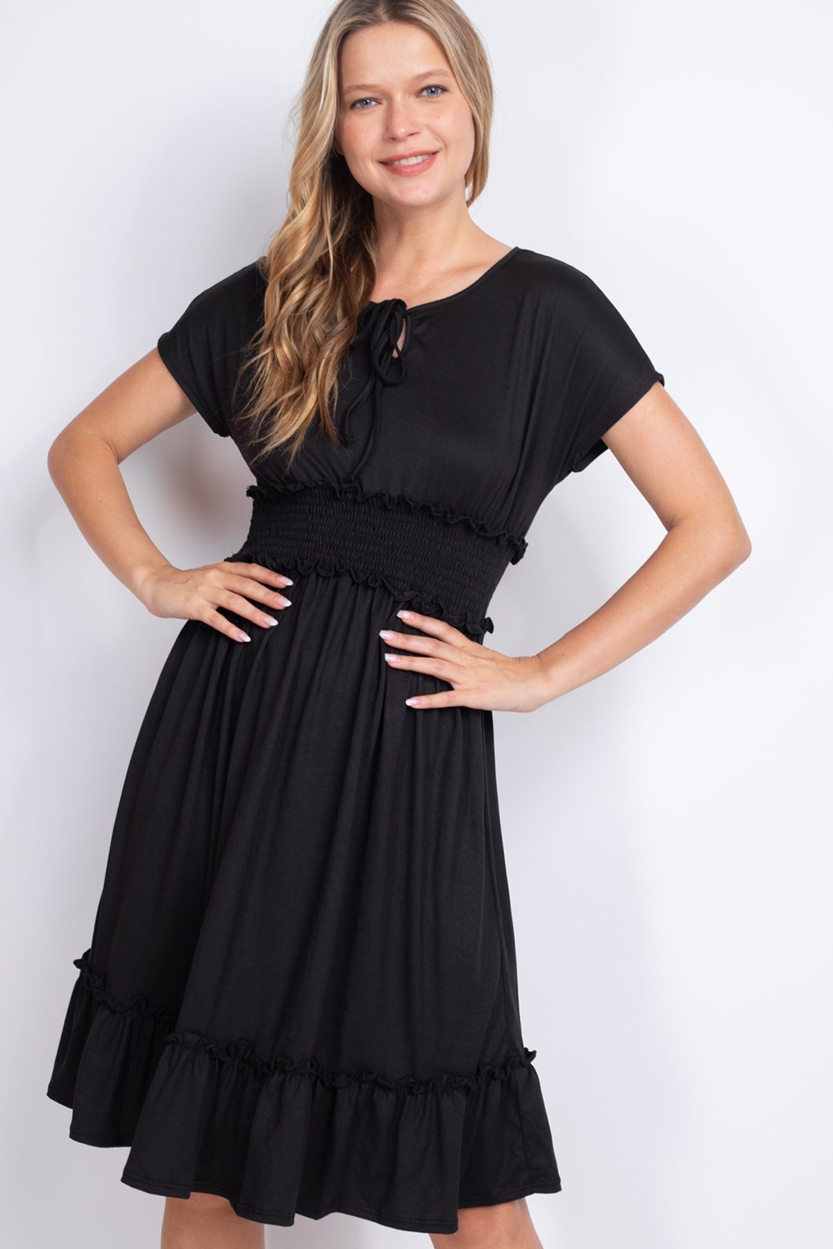 PPD1190-RIBBON DETAIL NECKLINE SMOCKED WAIST SOLID DRESS 1-2-2-2