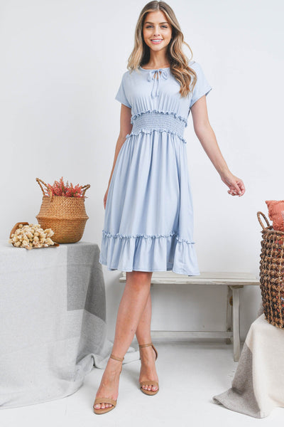 PPD1190-RIBBON DETAIL NECKLINE SMOCKED WAIST SOLID DRESS 1-2-2-2