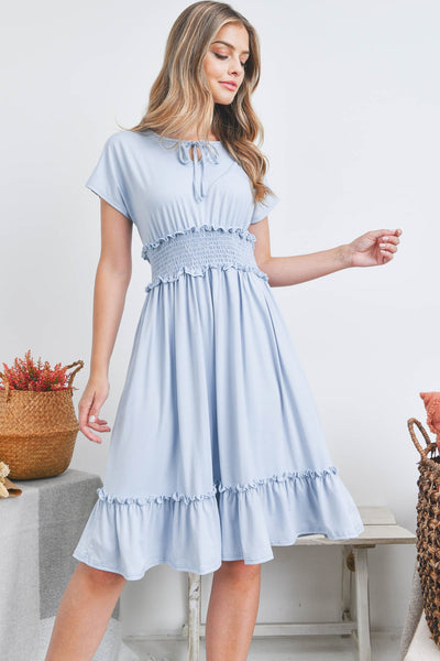 PPD1190-RIBBON DETAIL NECKLINE SMOCKED WAIST SOLID DRESS 1-2-2-2