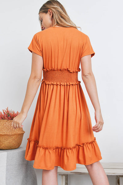 PPD1190-RIBBON DETAIL NECKLINE SMOCKED WAIST SOLID DRESS 1-2-2-2