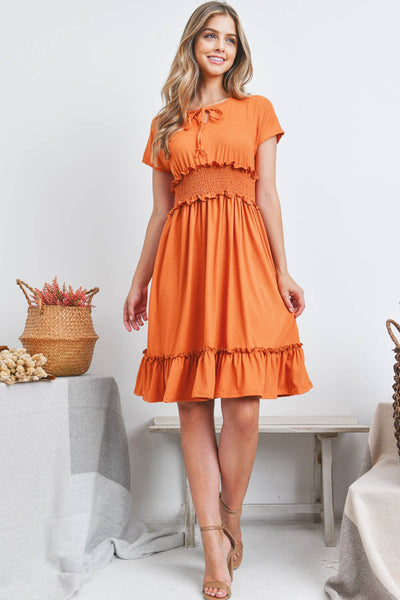 PPD1190-RIBBON DETAIL NECKLINE SMOCKED WAIST SOLID DRESS 1-2-2-2