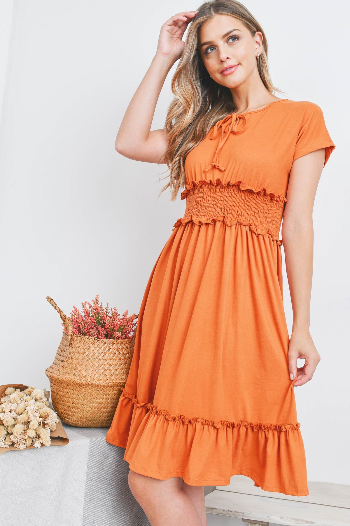 PPD1190-RIBBON DETAIL NECKLINE SMOCKED WAIST SOLID DRESS 1-2-2-2