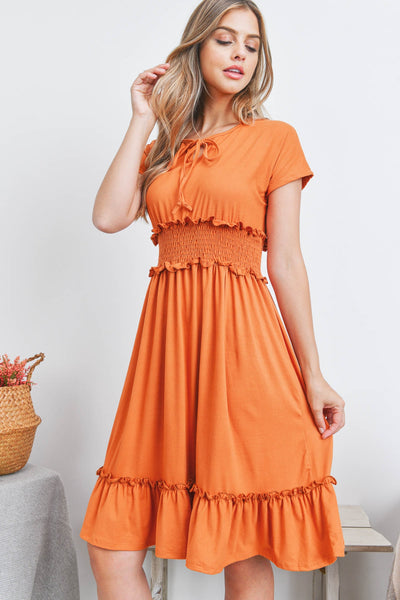 PPD1190-RIBBON DETAIL NECKLINE SMOCKED WAIST SOLID DRESS 1-2-2-2