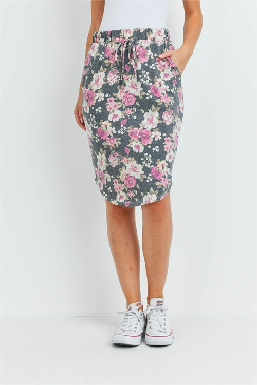 FLORAL PRINT FRONT TIE PENCIL SKIRT-BLACK-D. CORAL 0-4-6-0